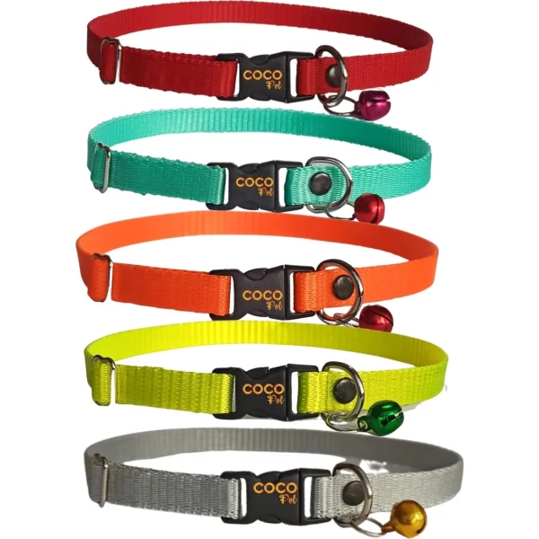 Coco Pet Kedi Boyun Tasması Zilli 5'li Set 20-37 cm Turuncu Turkuaz Sarı Gri Kırmızı